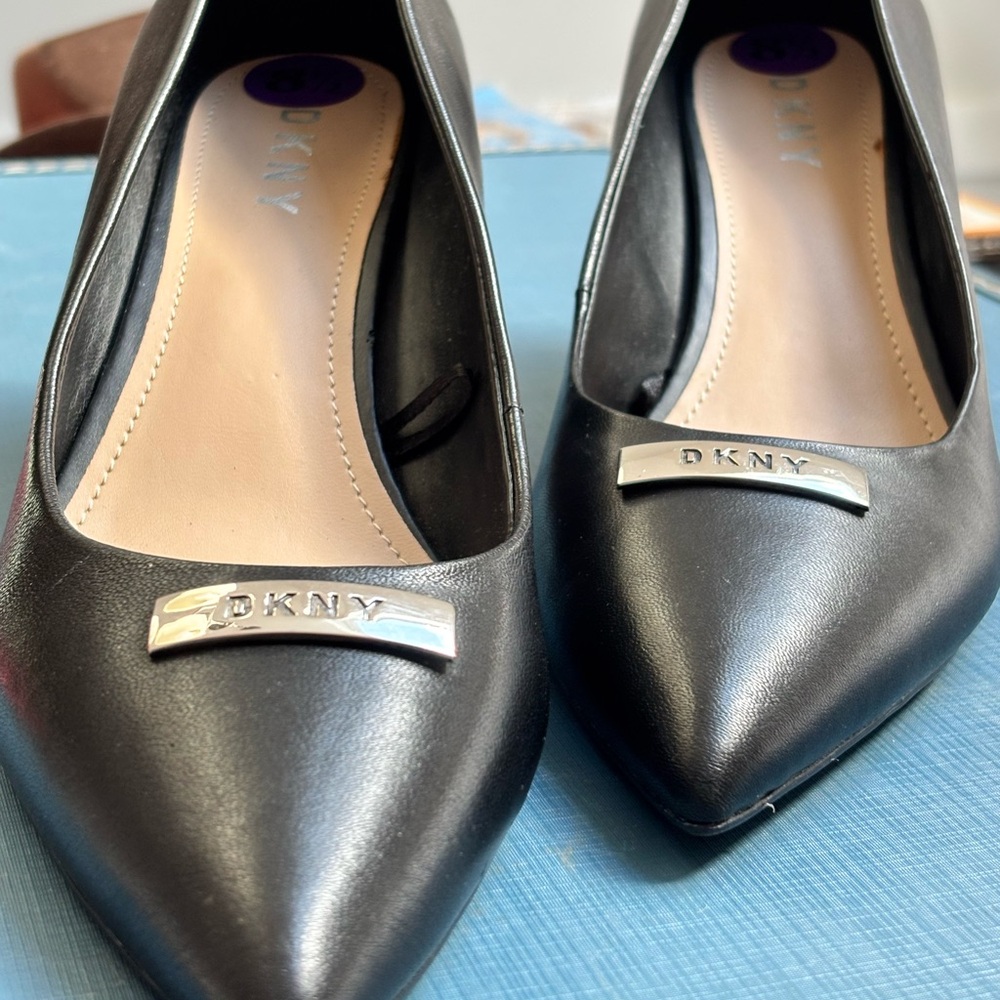 DKNY Black Leather Heels with Silver Accents